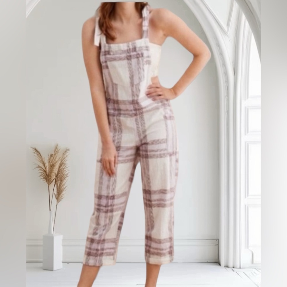 NWT Aerie jumpsuit romper overall pants white purple plaid pockets cropped Sz S - Picture 3 of 12